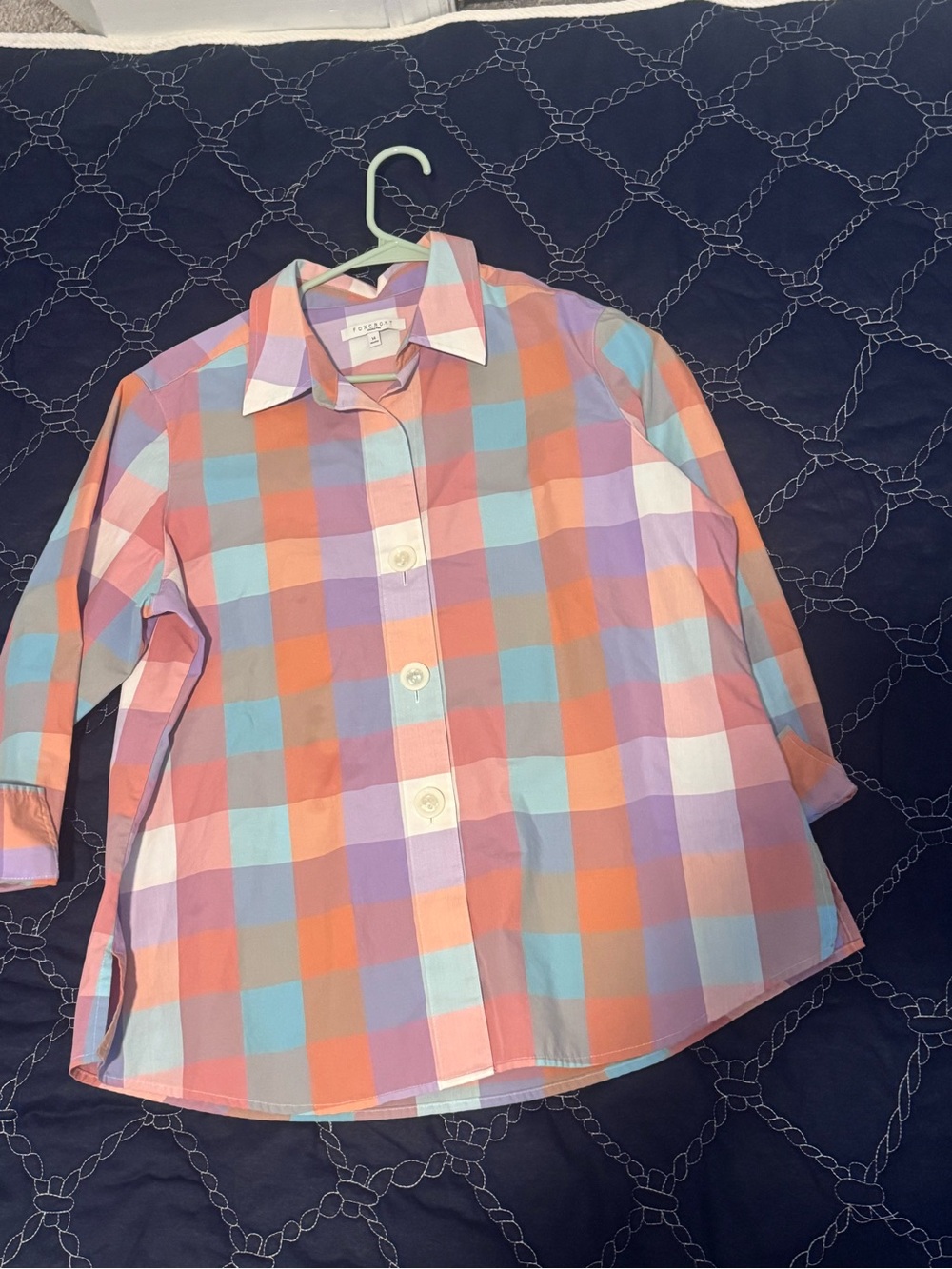 Foxcroft Pastel Plaid Button-Down Shirt in Coral, Lavender & Aqua